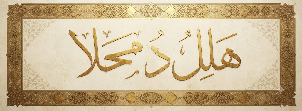 Alhamdulillah (الحمد لله) in high-resolution Thuluth Arabic calligraphy with ornate gold border on parchment