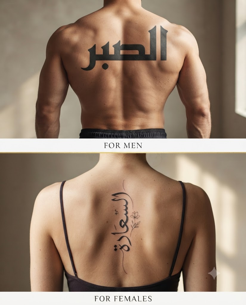 Two Arabic back tattoos side by side — a bold masculine upper-back piece and a delicate feminine spine-and-shoulder piece