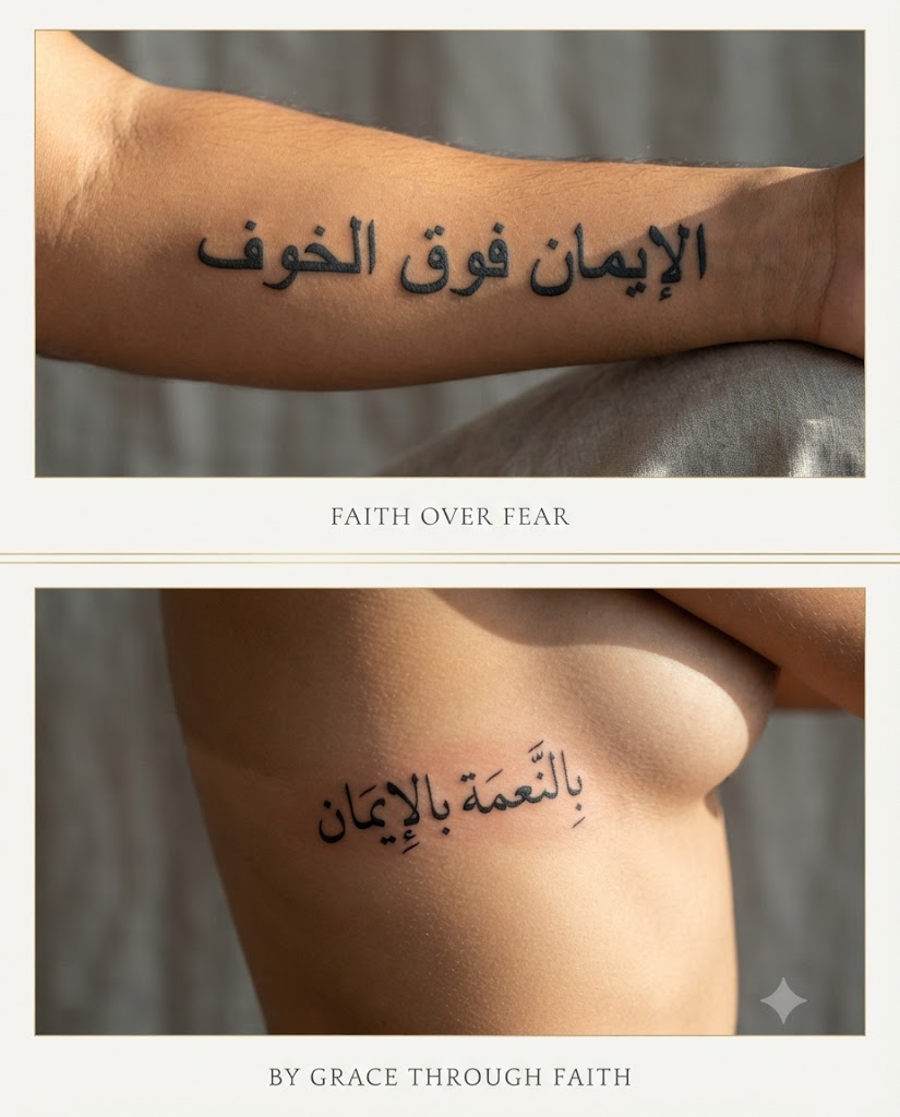 Two Arabic Christian tattoo phrases shown together — Faith Over Fear (top panel) and By Grace Through Faith (bottom panel)