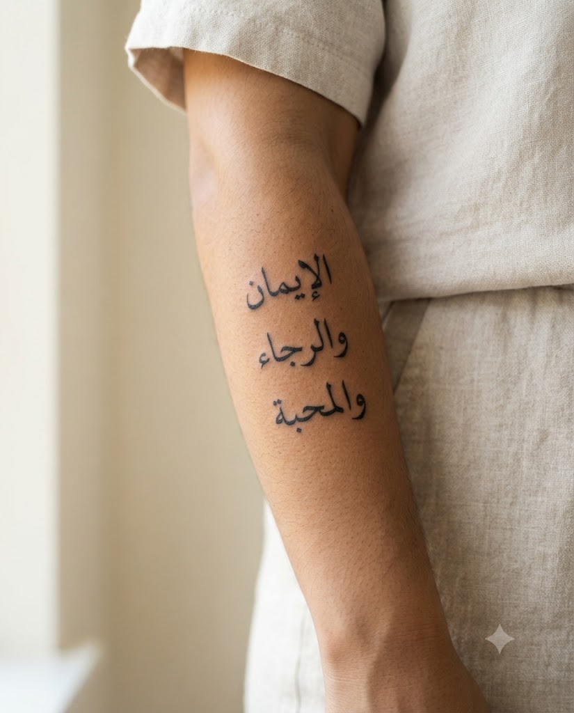 Faith, Hope, Love (1 Corinthians 13:13) — the three Arabic Bible words stacked vertically as a spine or inner-forearm tattoo
