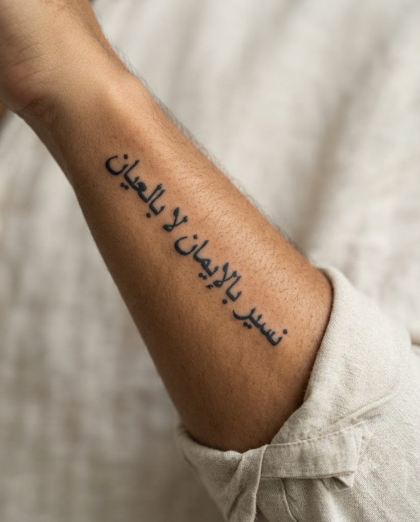 Walk by Faith Not by Sight (2 Corinthians 5:7) — a single-line Arabic Bible-verse tattoo running horizontally along an inner forearm