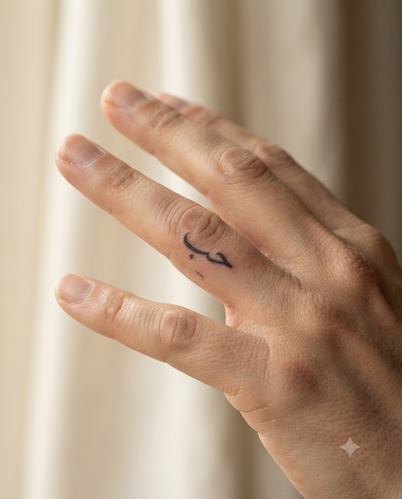 A small delicate Arabic word tattoo on the side of a finger — an example of the smallest Arabic hand placement