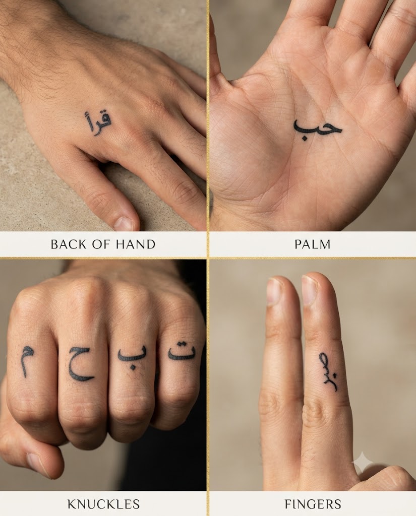 Four Arabic hand tattoo placements shown side by side — back of hand, palm, knuckles, and side of finger