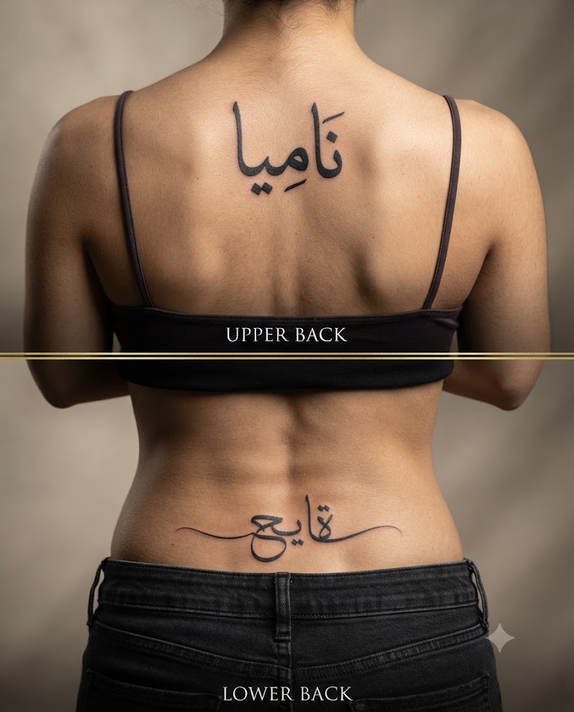 Two back tattoo placement zones shown side by side — upper back with a centered Arabic word, lower back with a horizontal Arabic word along the lumbar curve