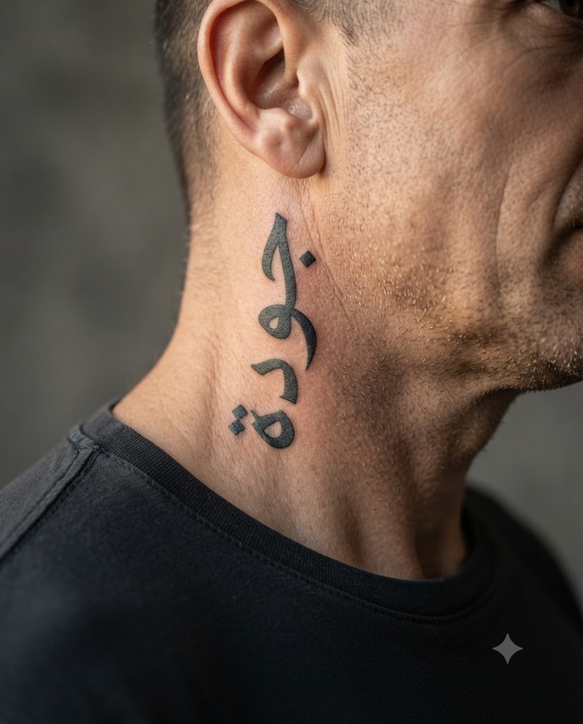 A masculine Arabic calligraphy tattoo running vertically down the side of a man's neck — bold thick strokes in Thuluth or Kufic