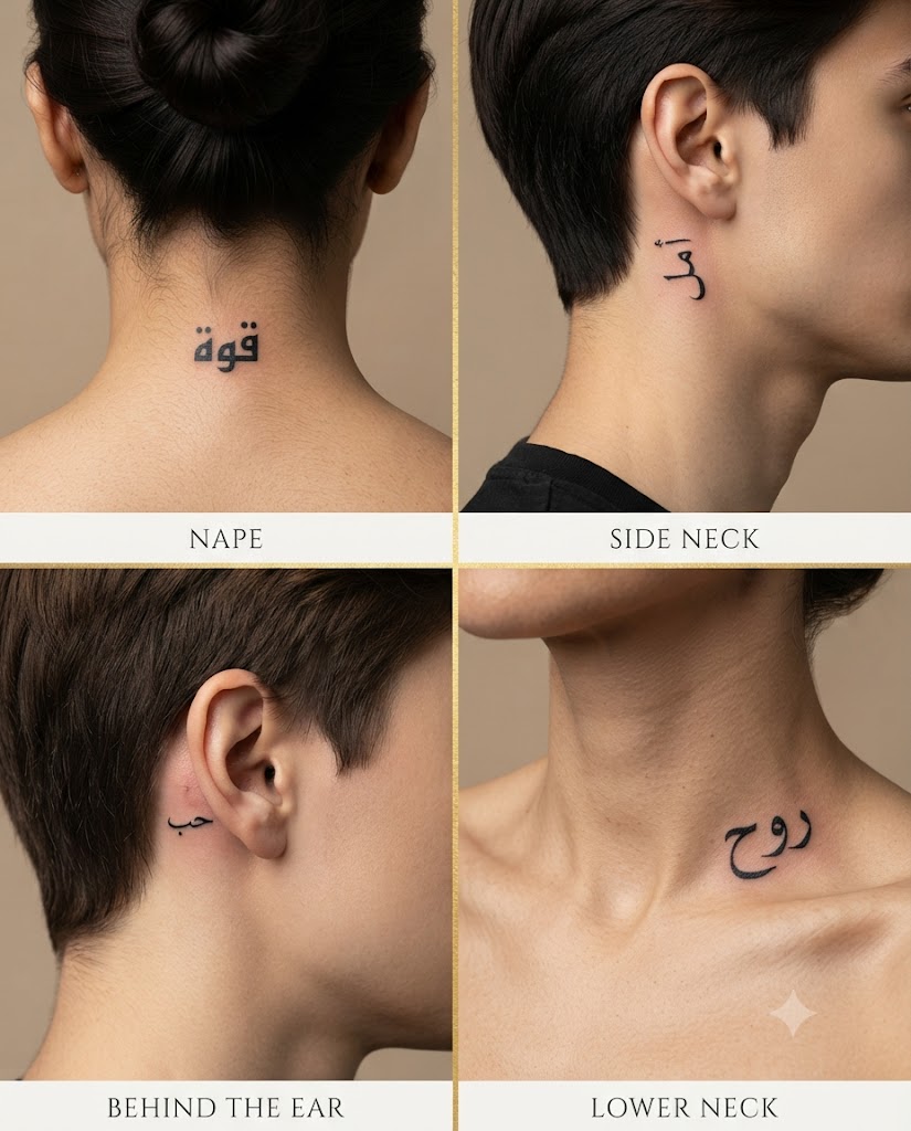 Four Arabic neck tattoo placements shown side by side — nape, side of neck, behind the ear, and lower neck