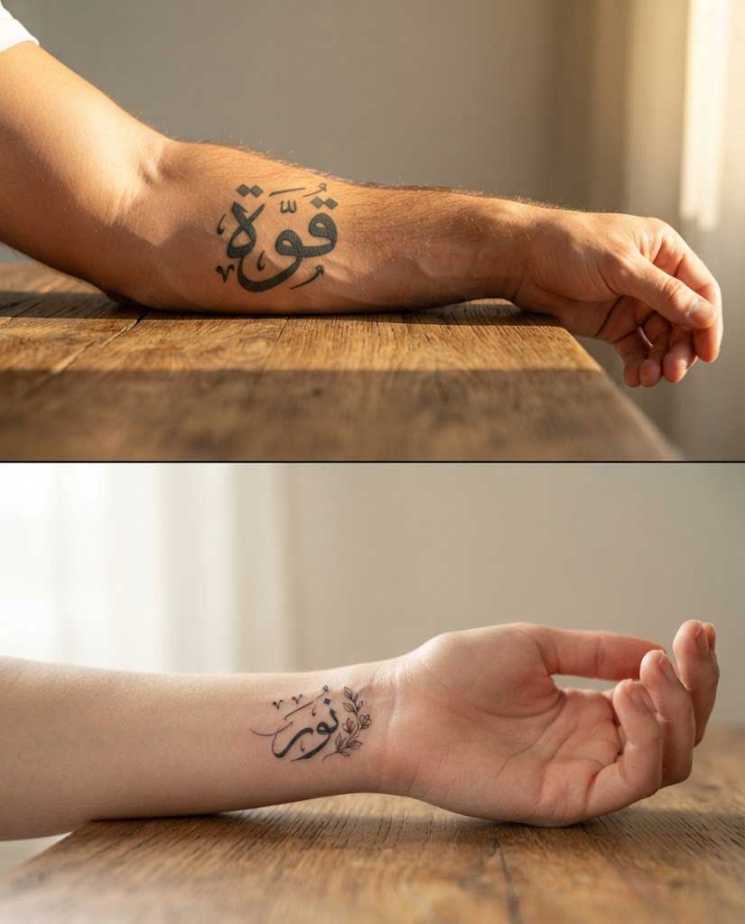 Two Arabic tattoo designs side by side — a bold Thuluth piece on a man's forearm and a delicate Diwani script on a woman's inner wrist
