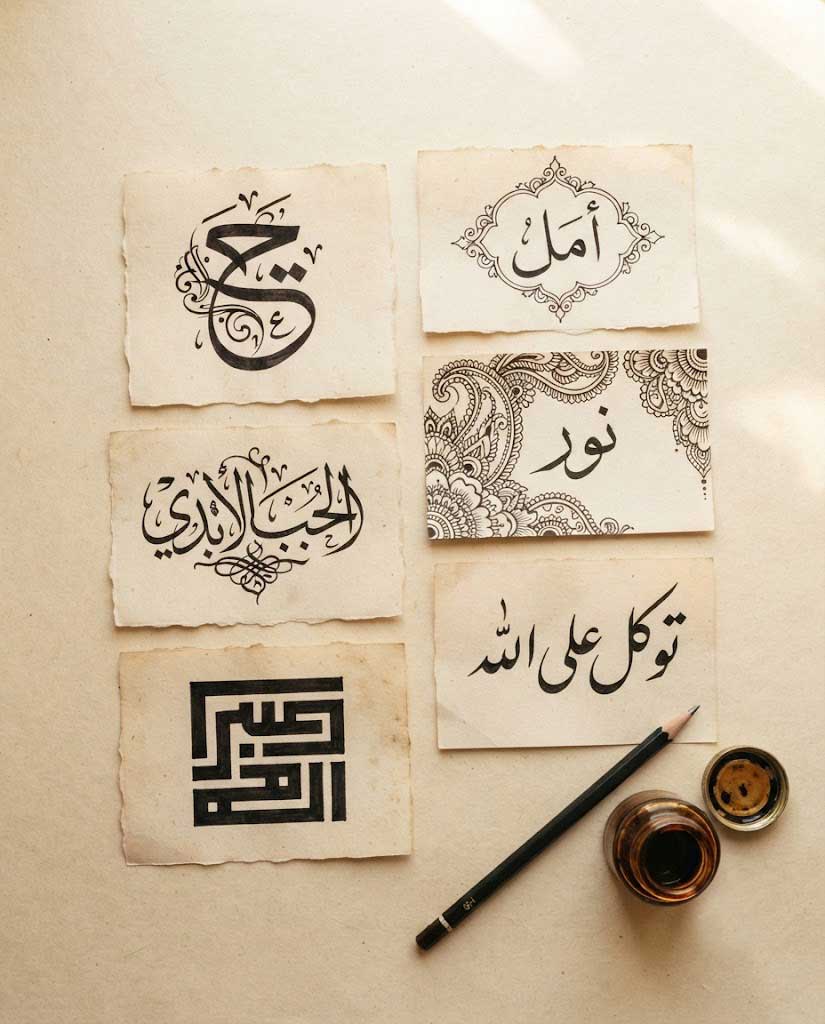 Six Arabic tattoo quotes across themes — love, faith, life, strength, family, freedom — shown as hand-drawn calligraphy sketches