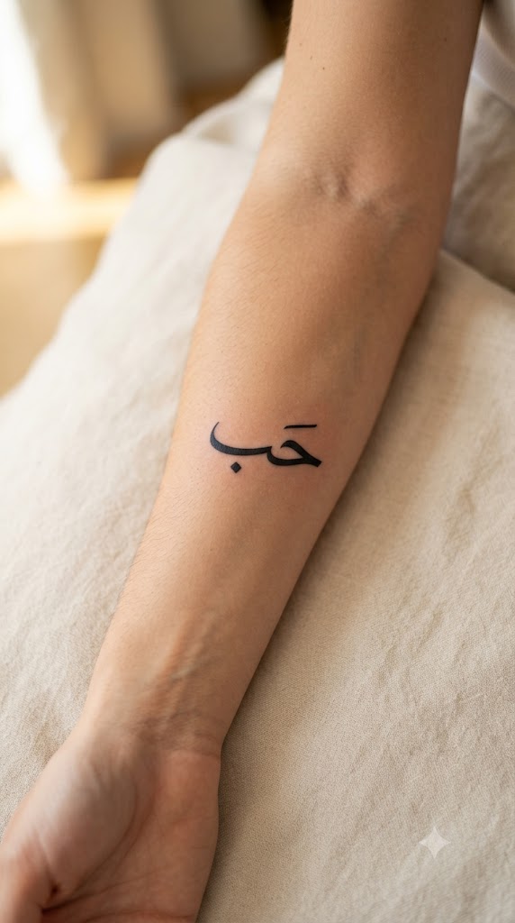 Hubb (love) Arabic tattoo in Thuluth calligraphy on forearm