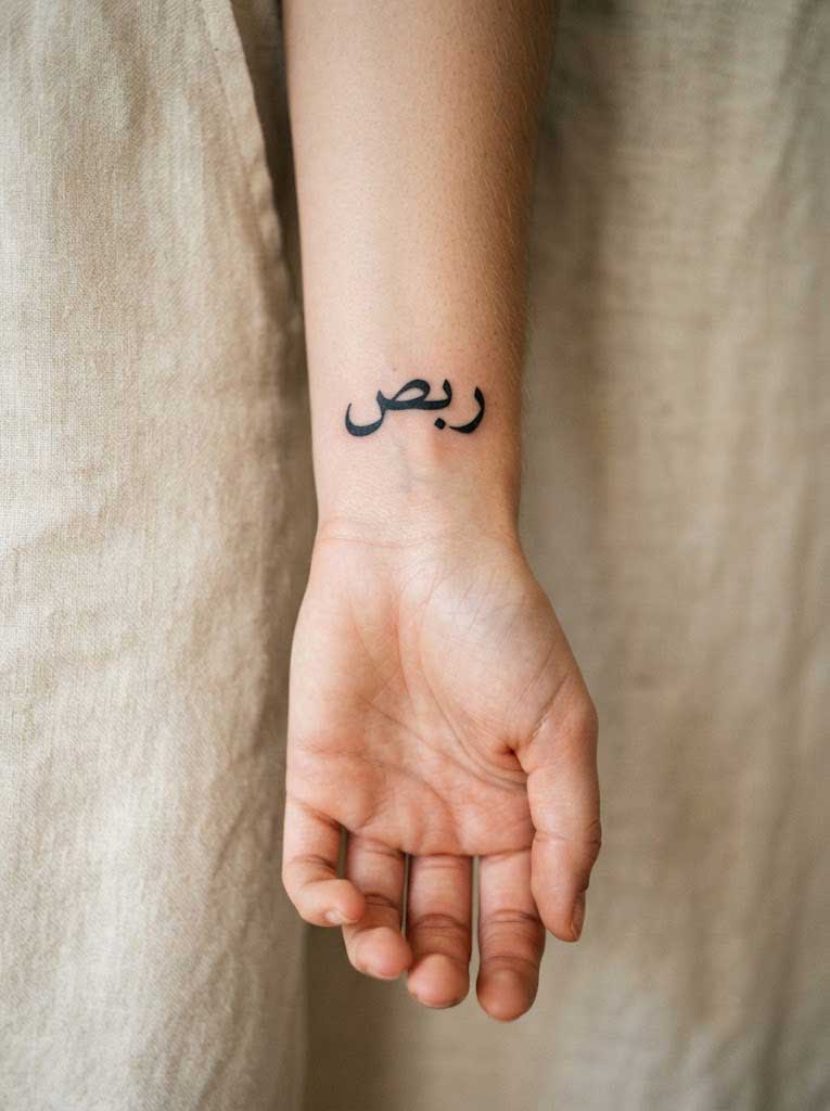 Sabr (patience) Arabic tattoo in Naskh calligraphy on wrist