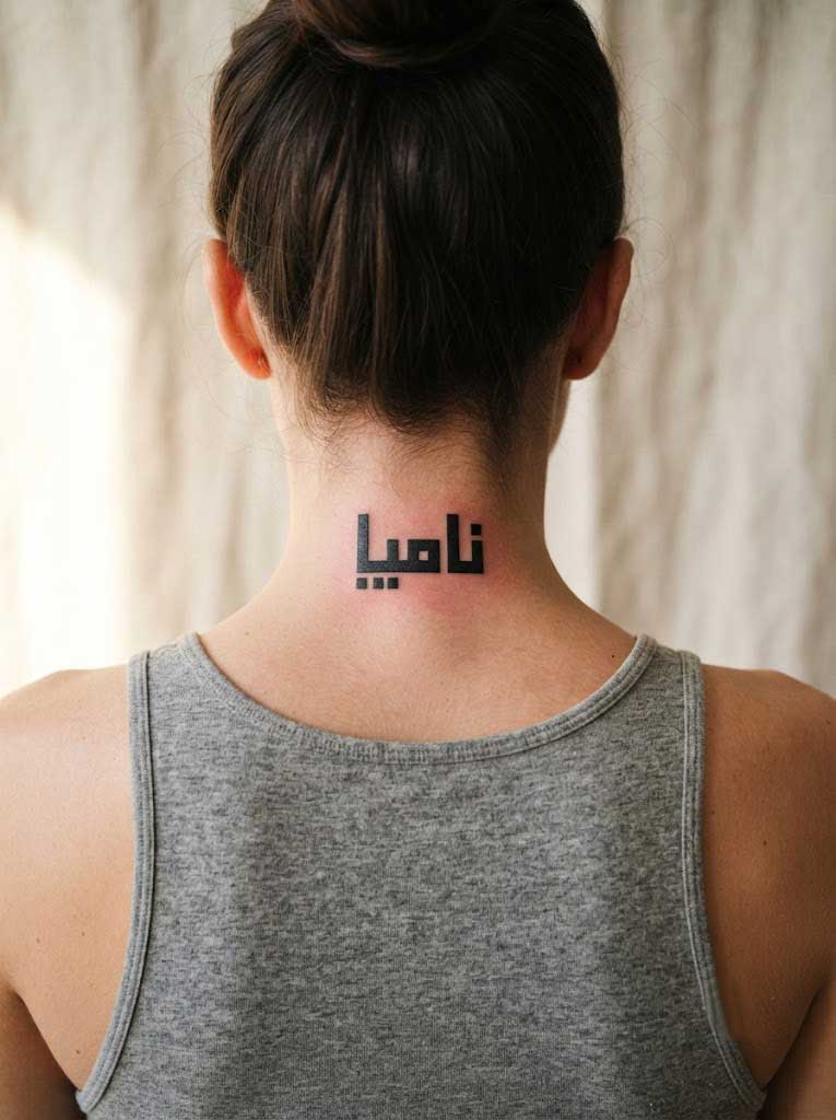 Iman (faith) Arabic tattoo in Kufic calligraphy on nape
