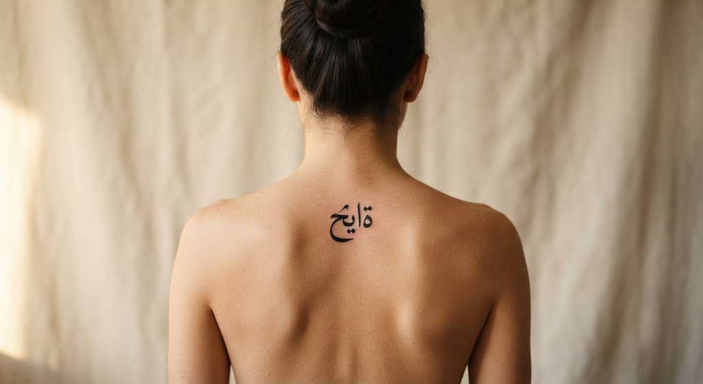 Hayat (life) Arabic tattoo in Nastaliq calligraphy on spine (adjacent to back)
