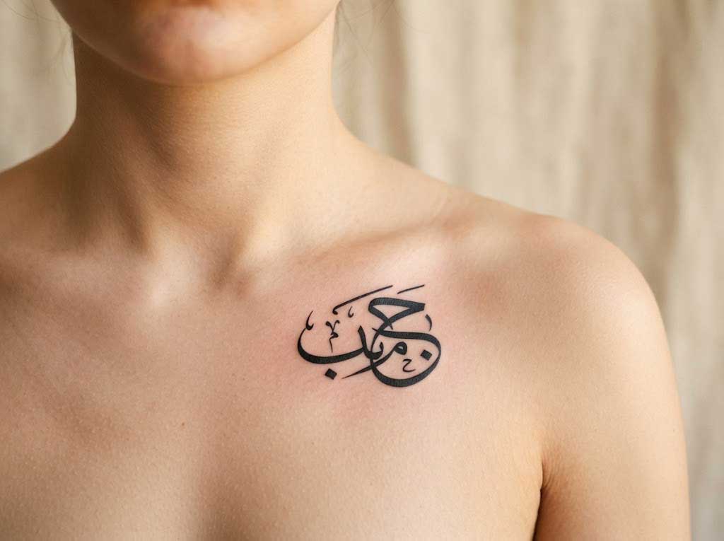 Hubb (love) Arabic tattoo in Diwani calligraphy on collarbone