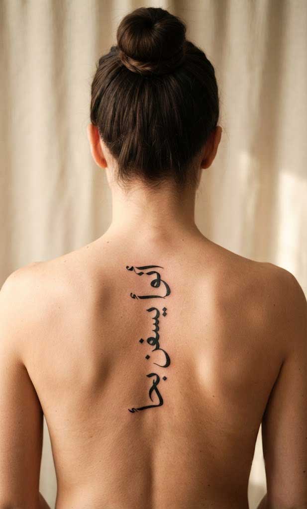 I love myself first — Arabic tattoo phrase in Thuluth calligraphy on spine (adjacent to back)