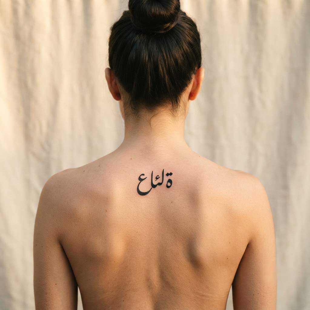 Aila (family) Arabic tattoo in Nastaliq calligraphy on upper back
