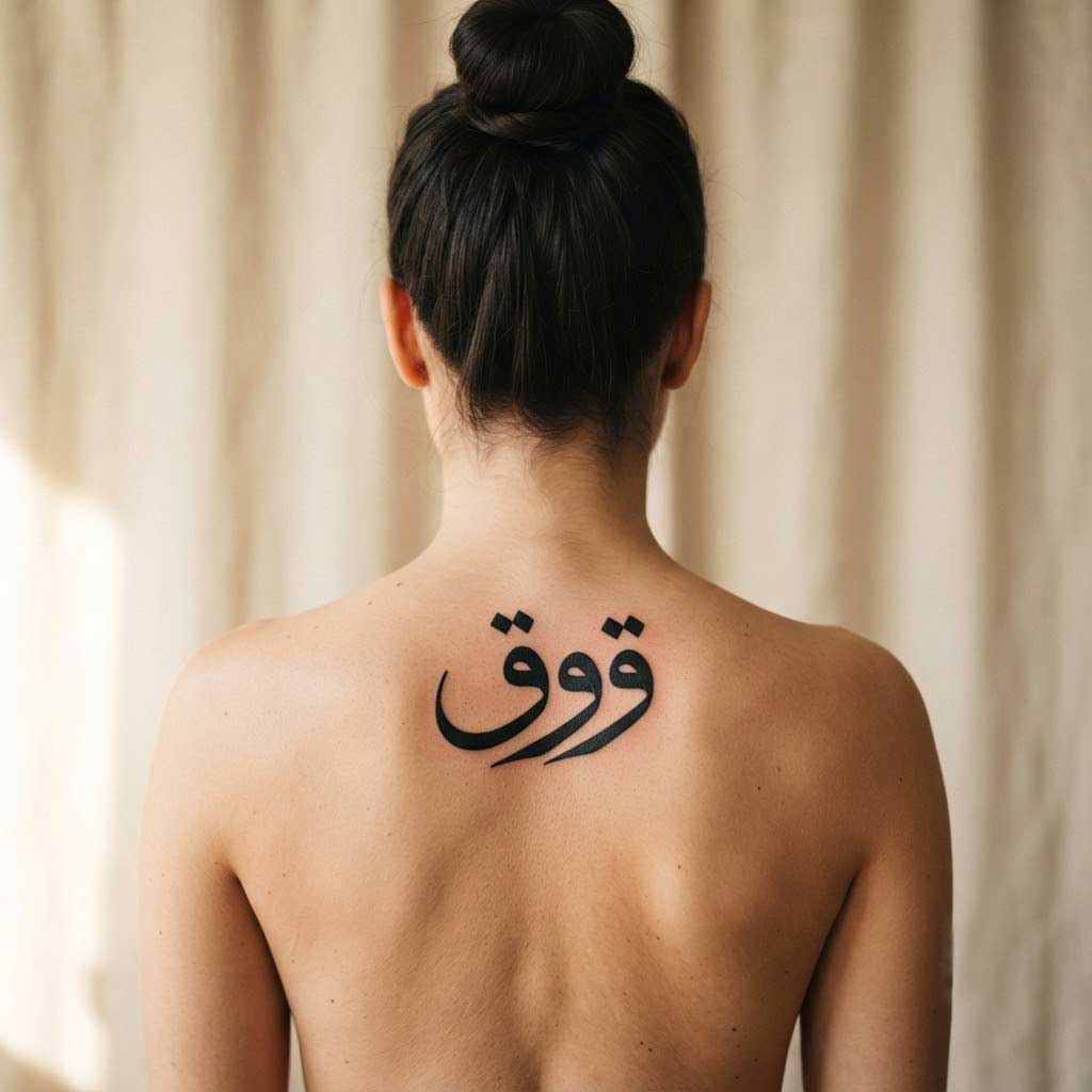 Quwwa (strength) — an Arabic word tattoo in Thuluth calligraphy on a back