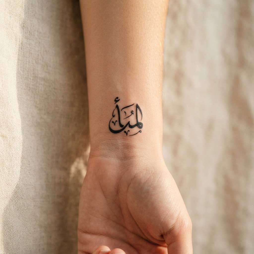 Amal (hope) Arabic tattoo in Diwani calligraphy on wrist