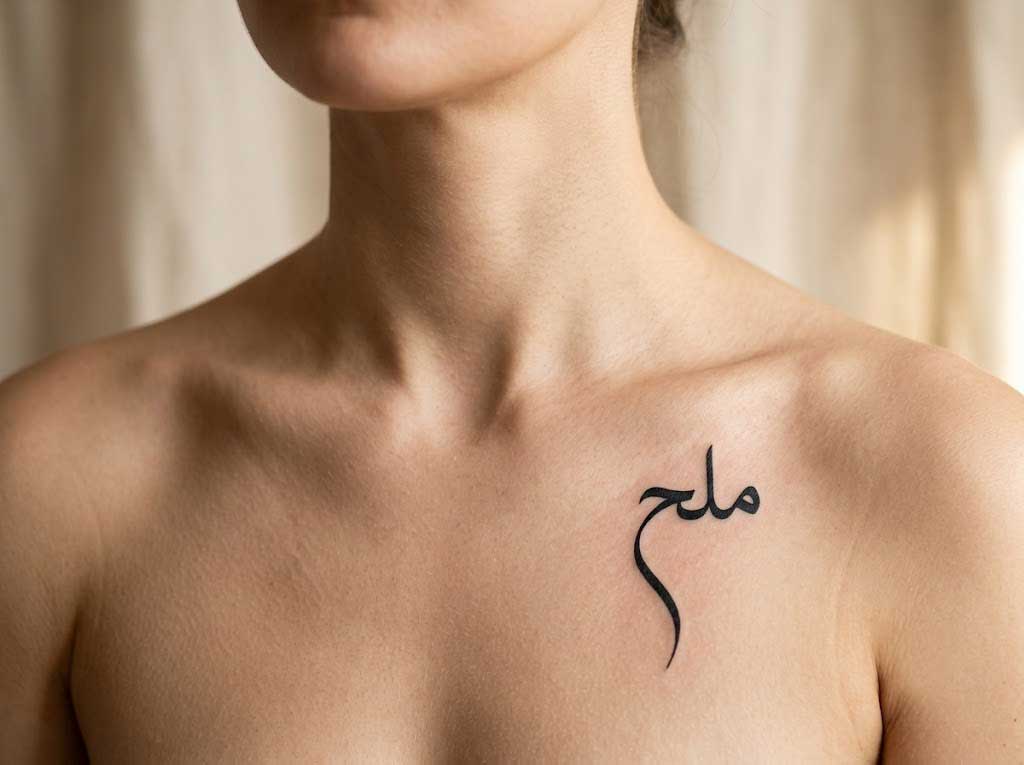 Hulm (dream) Arabic tattoo in Nastaliq calligraphy on collarbone