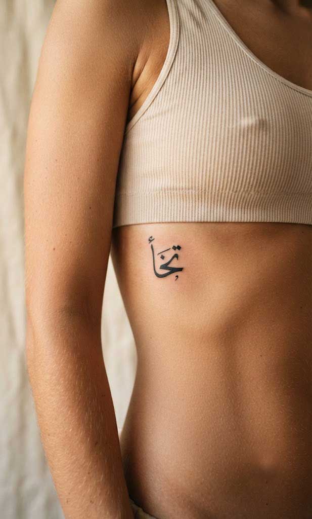 Ukht (sister) Arabic tattoo in Thuluth calligraphy on ribcage