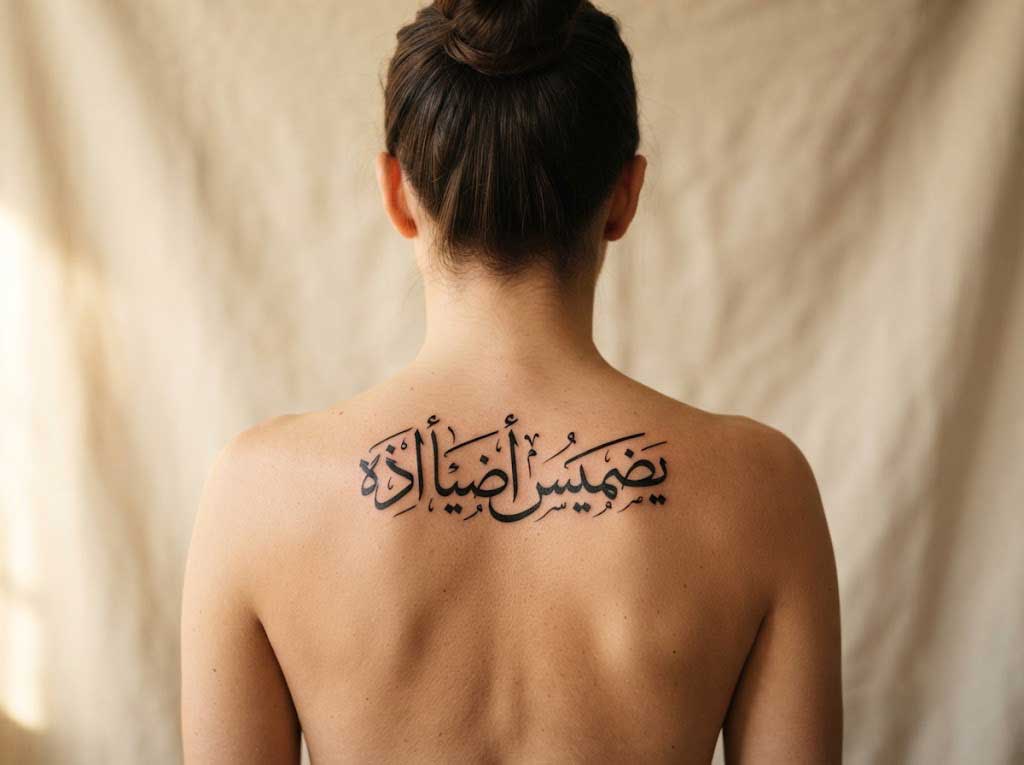 A multi-word Arabic phrase tattoo in Diwani calligraphy across a back — an example of a full-phrase back design