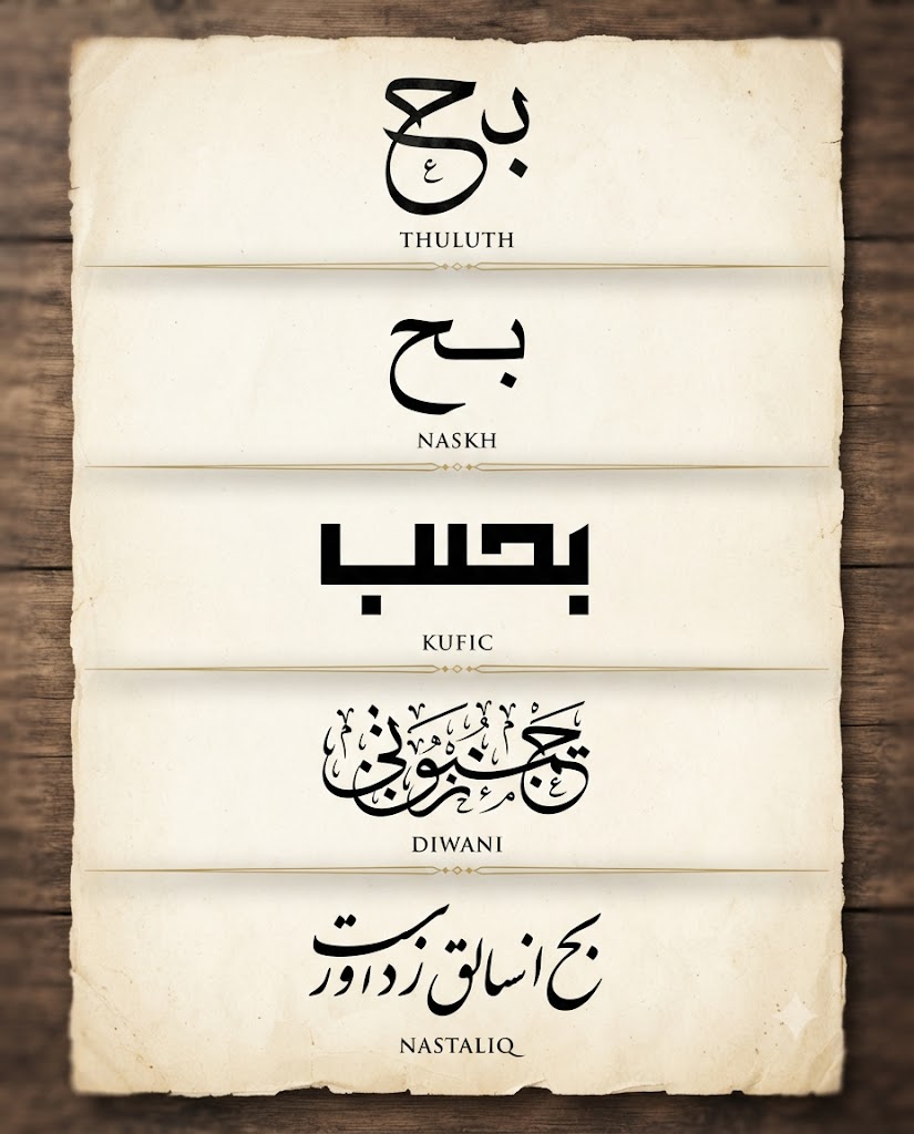 The Arabic word Hubb (love) rendered in five calligraphy styles — Thuluth, Naskh, Kufic, Diwani, Nastaliq — as a side-by-side tattoo-design reference sheet