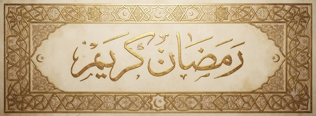 Ramadan Kareem (رمضان كريم) in high-resolution Thuluth Arabic calligraphy with ornate gold border on parchment
